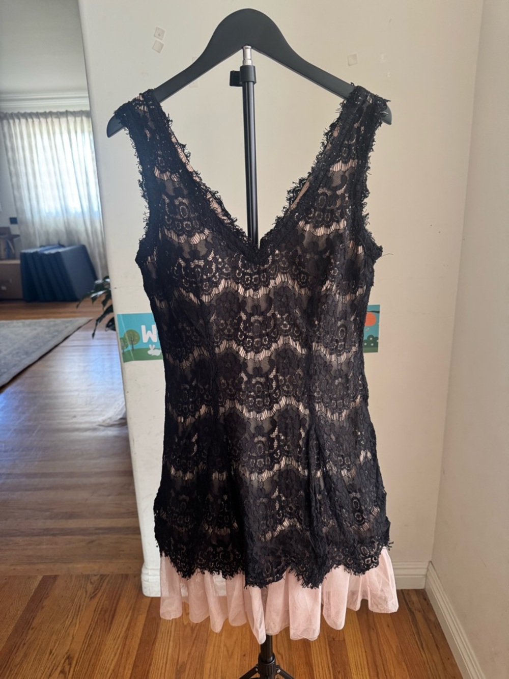 Betsy & Adam Black & Nude Lace Overlay on Tulle Cocktail Dress